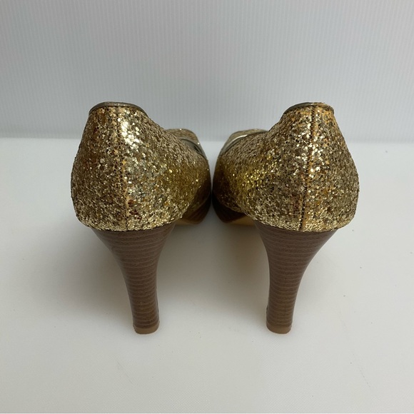 FIONI sz 8 Heels Open Toe Slight Platform Glitter Sparkly GOLD - Picture 5 of 11
